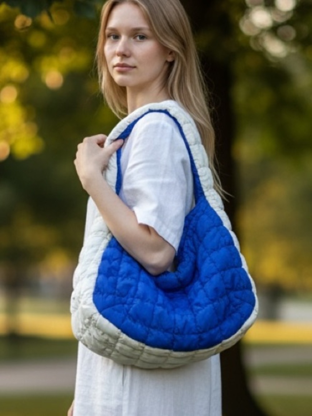 Do everything in love Quilted Blue and Cream Shoulder Bag